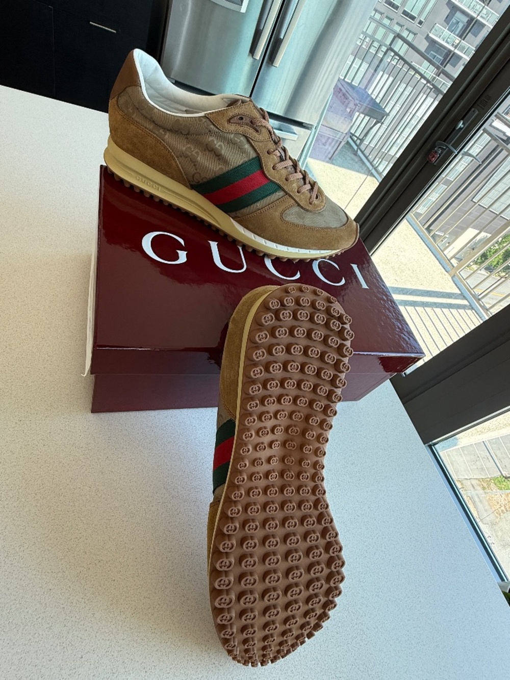 GUCCI Re-Motion Sneakers Men’s 11 Camel Brown GG Web Stripe - BRAND NEW IN BOX